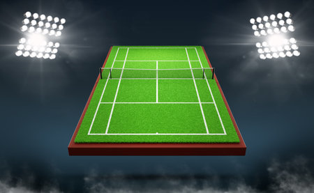 3d tennis court stadium at night with spotlights. Green field outdoor with net, grass texture, white lines and floodlights on dark blue background. Empty sport arena for tournamentの写真素材