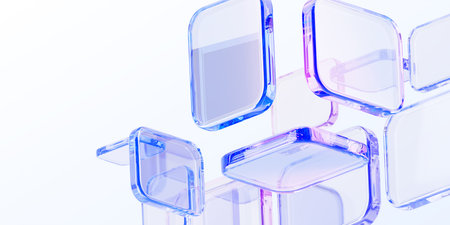 Abstract light blue 3d background wallpaper with glass holographic transparent square plate shapes...