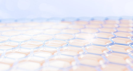 3d epidermis skin surface with blue water hexagon pattern. Dermatological cosmetic science and tech...