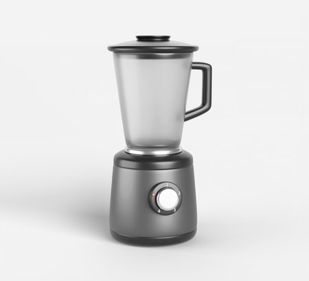 3d electric countertop blender for smoothies, juice and shakes. Isolated kitchen appliance, silver mixer, power crush ice. Realistic juicer with empty glass jar for fresh fruit drinkの写真素材