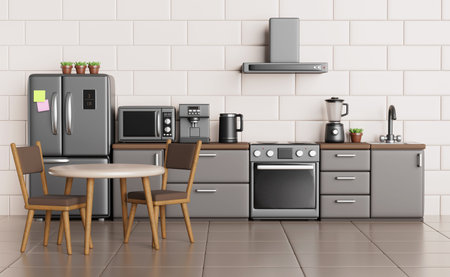 3d kitchen interior with dining table, fridge, oven and hood. Home room with furniture for cooking,...