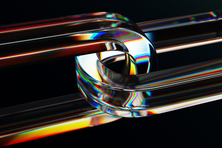 Abstract black 3d background with glass chain of holographic links. Closeup of connected crystal...