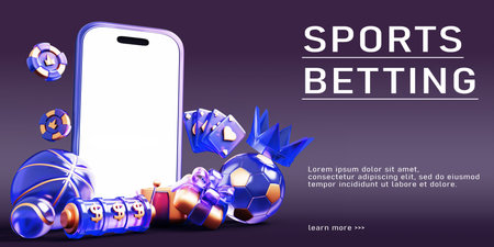 Online sports betting in mobile app 3d banner. Smartphone screen mockup with glass hologram soccer...