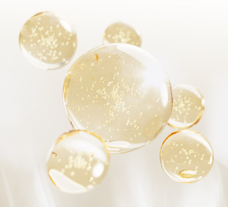 3d gold liquid gel bubbles, honey or oil drops, jelly cream texture, floating circle yellow...