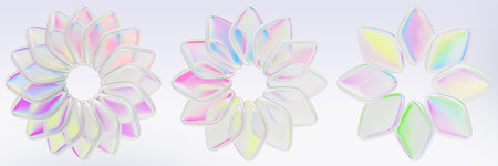 3d set of round glass holographic leaves frame isolated on light background render. Abstract geometric circle flower of diamond shaped petals in pearl color, rainbow gradient textureの写真素材