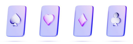 Purple glass playing cards 3d render icon set. Four suits - spades, hearts, diamonds, clubs with...