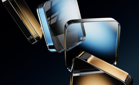 Black 3d background. Iridescent glass transparent square plate shapes with blue brown gradient....