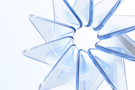 Light blue 3d background with circular effect of glass transparent triangle plate shapes. Abstract geometric flower with crystal triangular petals. Futuristic digital tech banner. 3D illustrationの写真素材