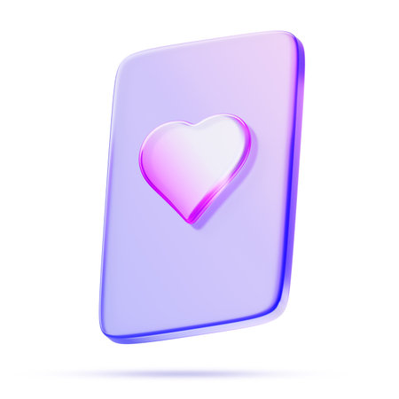 3d glass holographic playing card with hearts suit for poker and board games. Gift card with purple pink neon gradient. Love divination on tarot cards, isolated render iconの写真素材