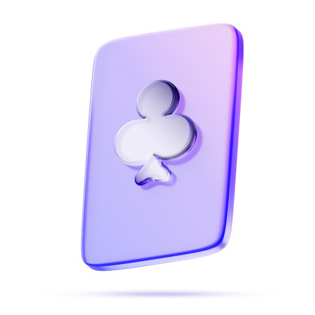 3d glass holographic clubs playing card icon for poker, bridge or board games. Gambling ui element, casino or tarot cards with neon purple black gradient isolated on white backgroundの写真素材