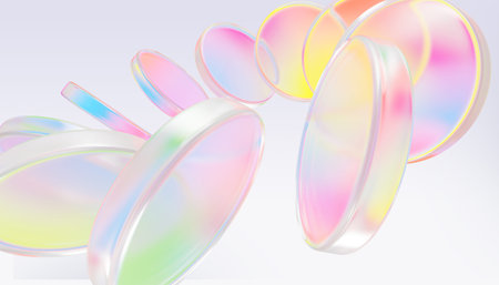 Rainbow pearlescent glass discs with circular motion effect on light 3d background. Holographic y2k translucent plates. Abstract gradient circle ring of crystal round disk shape rowの写真素材