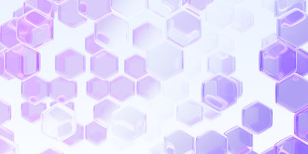 Purple glass medical and tech 3d background with crystal light holographic hexagon pattern. Render abstract geometric honeycomb cell texture for medicine and science technology designの写真素材