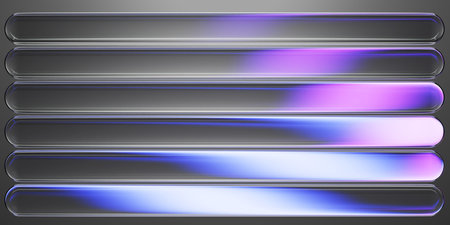 Neon glass frames, transparent long buttons with purple blue gradient on black background....
