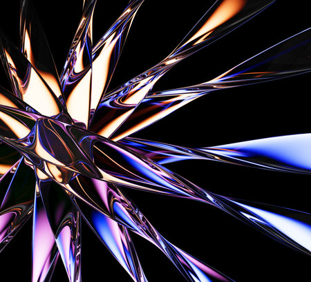 Floral pattern of neon glass spiral lines on black background. Abstract vibrant flower with radiant gradient, caustic and reflection light. Bright transparent stripes, circular effectの写真素材