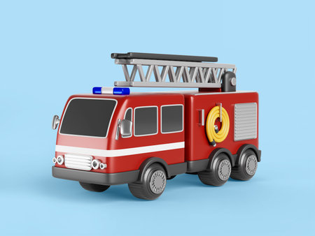 Red fire truck cartoon 3d render icon. Fire engine, emergency rescue vehicle with light alarm siren,...