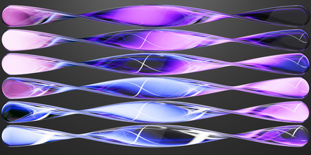 Neon fractal glass spiral lines, horizontal stripes with purple blue gradient in radiant colors on...