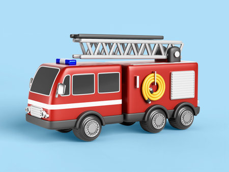 3d red fire engine, emergency rescue vehicle with alarm siren, ladder and hose. Fire truck for...