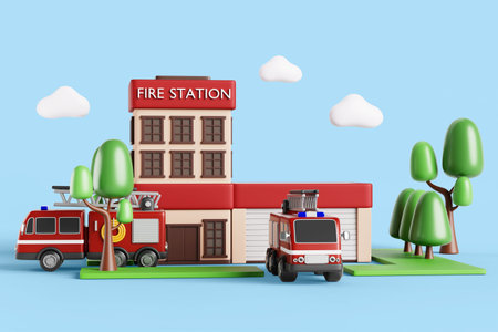 Fire station building with garage and red fire trucks. Cartoon summer 3d landscape with city fire...