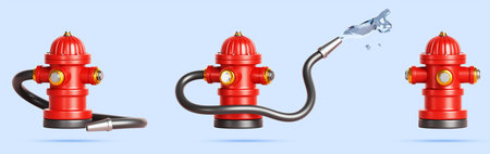 Fire hydrant 3d icon with connected hose and flow of water. Fireplug, red column for city street. Cartoon render set of different firefighter equipment isolated on blue backgroundの写真素材