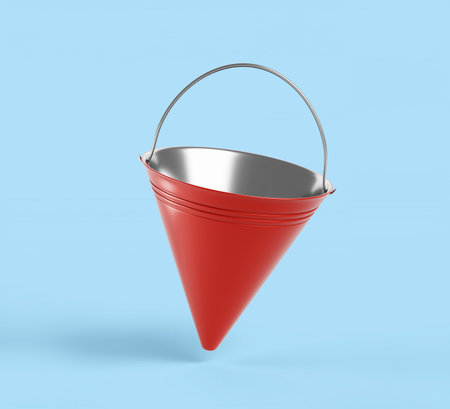 Red fire cone bucket 3d icon render. Firefighter tool to deliver water or sand and extinguish flame. Equipment for fire safety boards, stands isolated on blue backgroundの写真素材