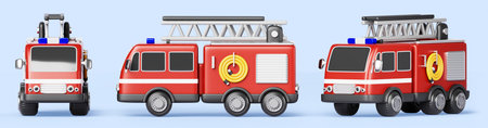 Fire truck 3d icon in different angles. Emergency vehicle, red fire engine with ladder and alarm siren. Firetruck, fire brigade transport front side view, cartoon isolated render setの写真素材