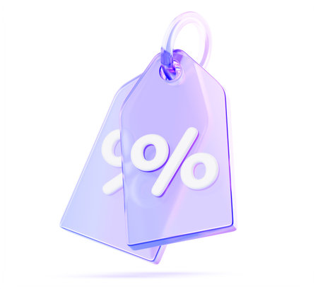 3d glass holographic transparent sale labels on ring, discount price tags render icon. Banners with special offer, percent off. Purple plastic gift card, neon gradient promotion badgeの写真素材