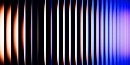 Ribbed fractal neon glass texture effect on black 3d background. Holographic vertical stripe wall with red blue purple gradient. Corrugated translucent surface with light reflectionの写真素材