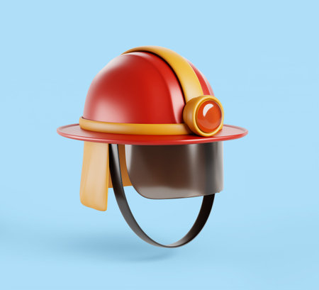 3d fire helmet with face shield, lantern and flame retardant cape. Cartoon render icon of red fireman hat, head gear safety protection. Firefighter uniform, thermal impact cap mockupの写真素材