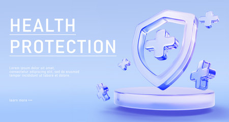 Health protection 3d banner. Medical podium with glass holographic shield, plus symbol and floating cross sign on blue background. Healthcare security platform, life insurance conceptの写真素材