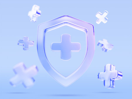3d glass holographic medical shield icon with plus cross signs floating on blue background. Health insurance protection badge. Healthcare safety emblem for hospital or pharmacy designの写真素材