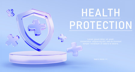 3d health protection landing page with podium, glass holographic shield and purple transparent crosses on blue background. Medical insurance platform, healthcare concept, web bannerの写真素材