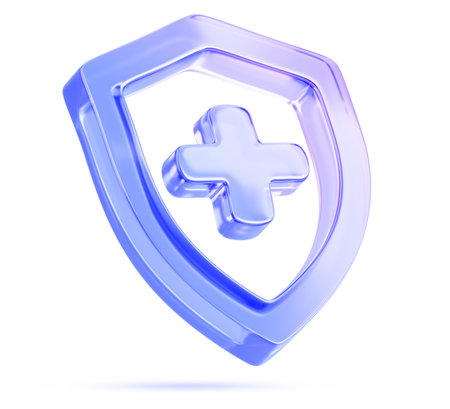 3d glass holographic health shield icon with plus symbol. Crystal medical protection badge with cross sign, blue purple gradient. Healthcare, safety insurance. Shield pharmacy serviceの写真素材