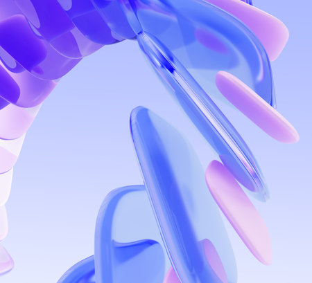 Abstract geometric 3d background with dynamic wave curve ribbon of glass and plastic square plate shapes in purple pink blue gradient colors, layer effect. Futuristic technologyの写真素材