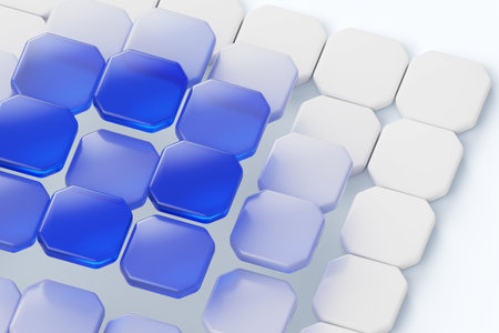 Blue glass and white plastic square shapes, geometric abstract 3d background. Futuristic technology, innovation, digital data. Render dynamic block pattern for business presentationの写真素材