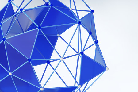 Abstract wireframe sphere - blue triangle grid pattern, geometric 3d shape on white background. Mesh orb, hollow ball of connected plastic lines and glass dots. Digital tech bannerの写真素材
