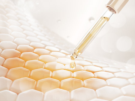 3d oil pipette drips onto skin cells. Epidermis hexagon pattern with liquid gold drop of cosmetic castor or turmeric oil serum. Beauty facial skincare with dropper and vitamin essenceの写真素材