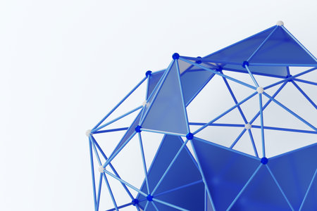 Futuristic tech background with 3d sphere of connected glass dots and plastic lines. Abstract wireframe polygonal pattern - circular grid of blue transparent triangles on white bgの写真素材