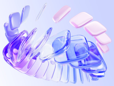 3d glass square shapes flying - transparent purple and blue cube blocks, pink plastic plates with...