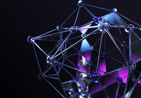 Black background with wireframe 3D sphere of neon glass dots and lines. Polygonal mesh ball of transparent triangle shapes and purple blue gradient. Abstract futuristic geometric gridの写真素材