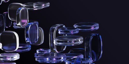 Neon glass square shapes on black 3d background. Abstract geometric pattern of glowing transparent...