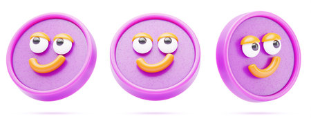 Pink 3d coin character with happy face in different angles. Cute money smiling mascot isolated on white background. Render cartoon emoji stickers set for social media, banner designの写真素材