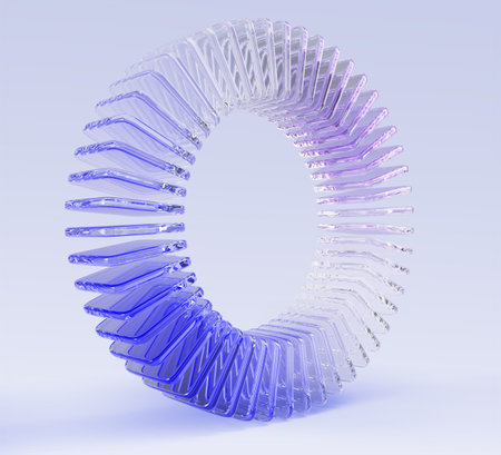 3d holographic glass circle array of transparent square plates with purple blue gradient. Abstract...