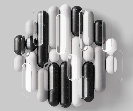 Abstract circle of transparent liquid glass and plastic strips in black white gray colors, rounded...