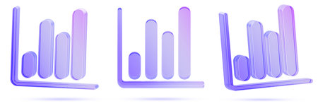 3d glass holographic bar graph icon set. Isometric infographic chart diagram with blue purple neon...