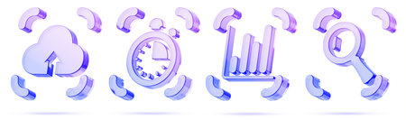 Glass business analytics icon 3d set - chart, statistics graph, magnifier, cloud upload arrow,...