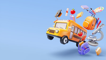 3D Back to school concept with flying yellow bus, backpack, books, microscope, stationery supplies,...