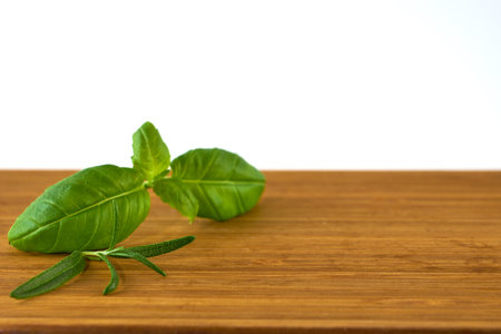 Fresh herbs rosemary and basil on a wooden board with a white background. Copy space.の写真素材