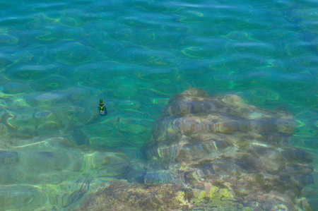 Glass bottle of beer in the open sea.
