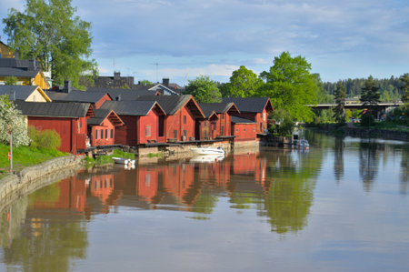 Porvoo, Finland- June 4, 2022: Bright houses on the shore of the city of Porvoo.のeditorial素材