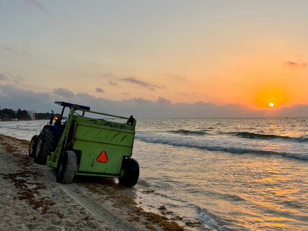 Playa del Carmen, Mexico- 6 April, 2023: fighting sargassum with heavy-duty machinesのeditorial素材